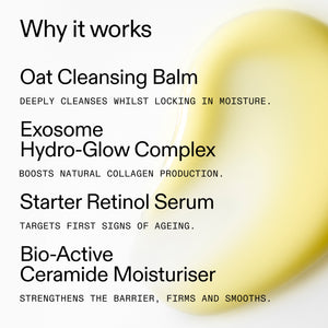 Skincare product with text detailing its benefits on a white background