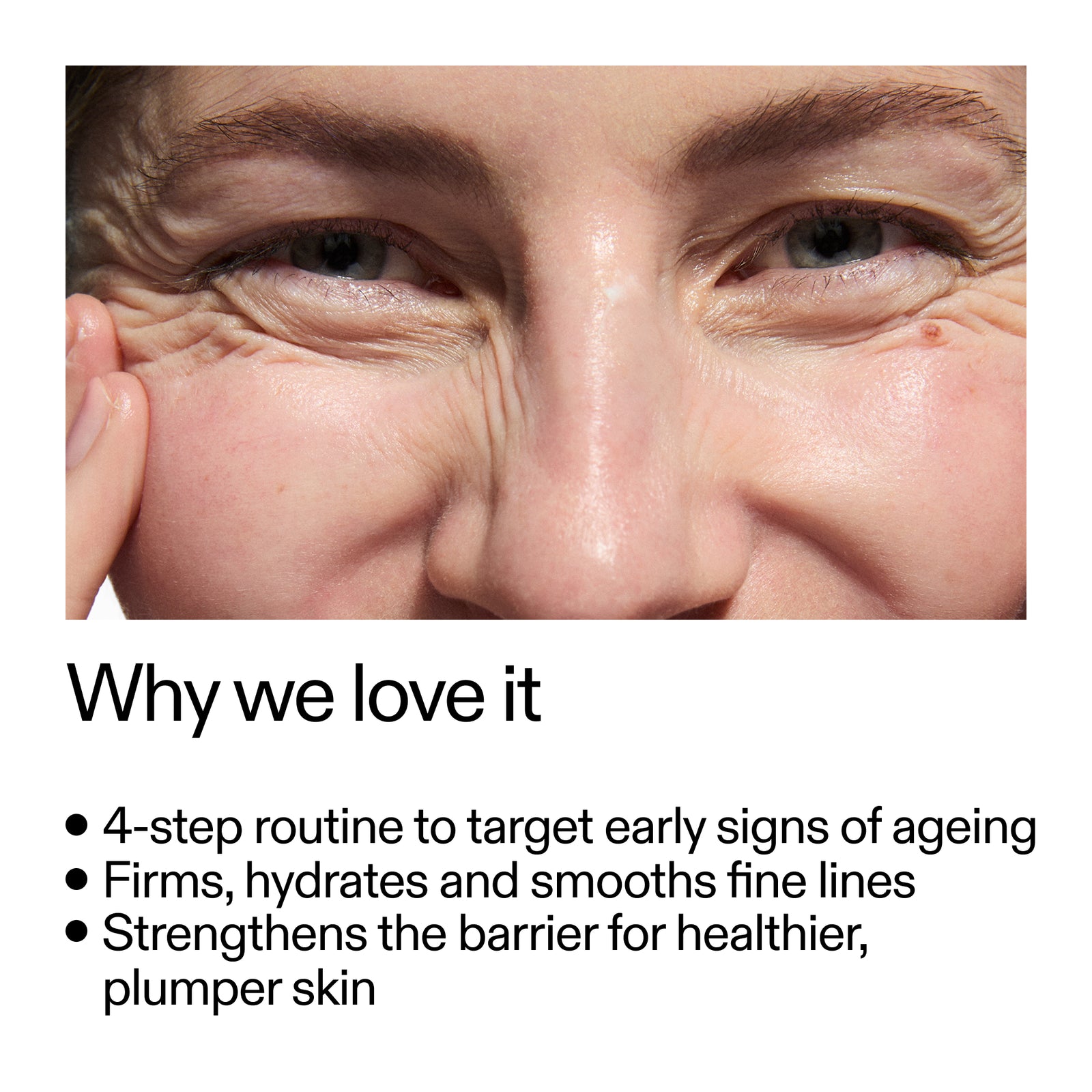 Close-up of a person's eye with text about skincare routine for early signs of aging.