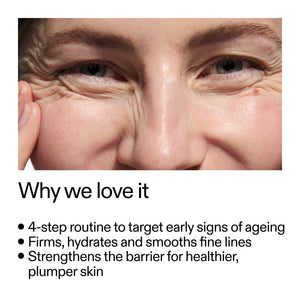 Close-up of a person's eye with text about skincare routine for early signs of aging.