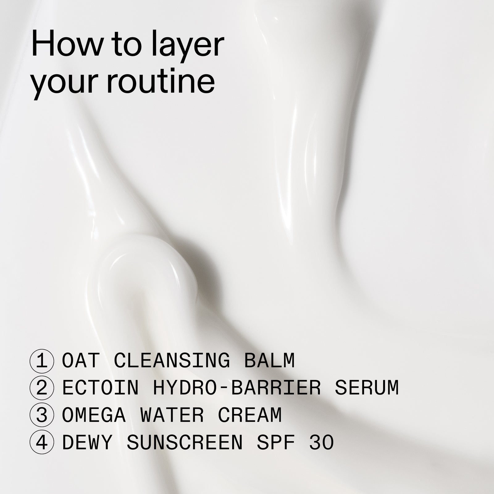 Step-by-step skincare routine with product names on a white background