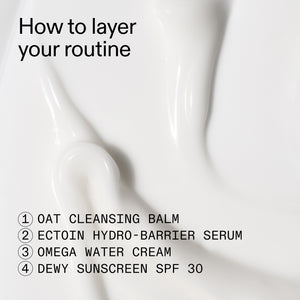 Step-by-step skincare routine with product names on a white background