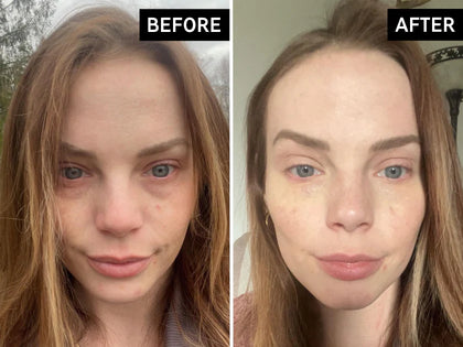 Before and after comparison of a woman's face with visible makeup changes.