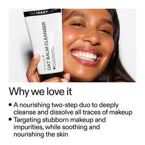 Woman holding a skincare product with text about its benefits