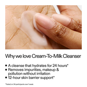 Hand applying cream to skin with text about Cream-To-Milk Cleanser  benefits