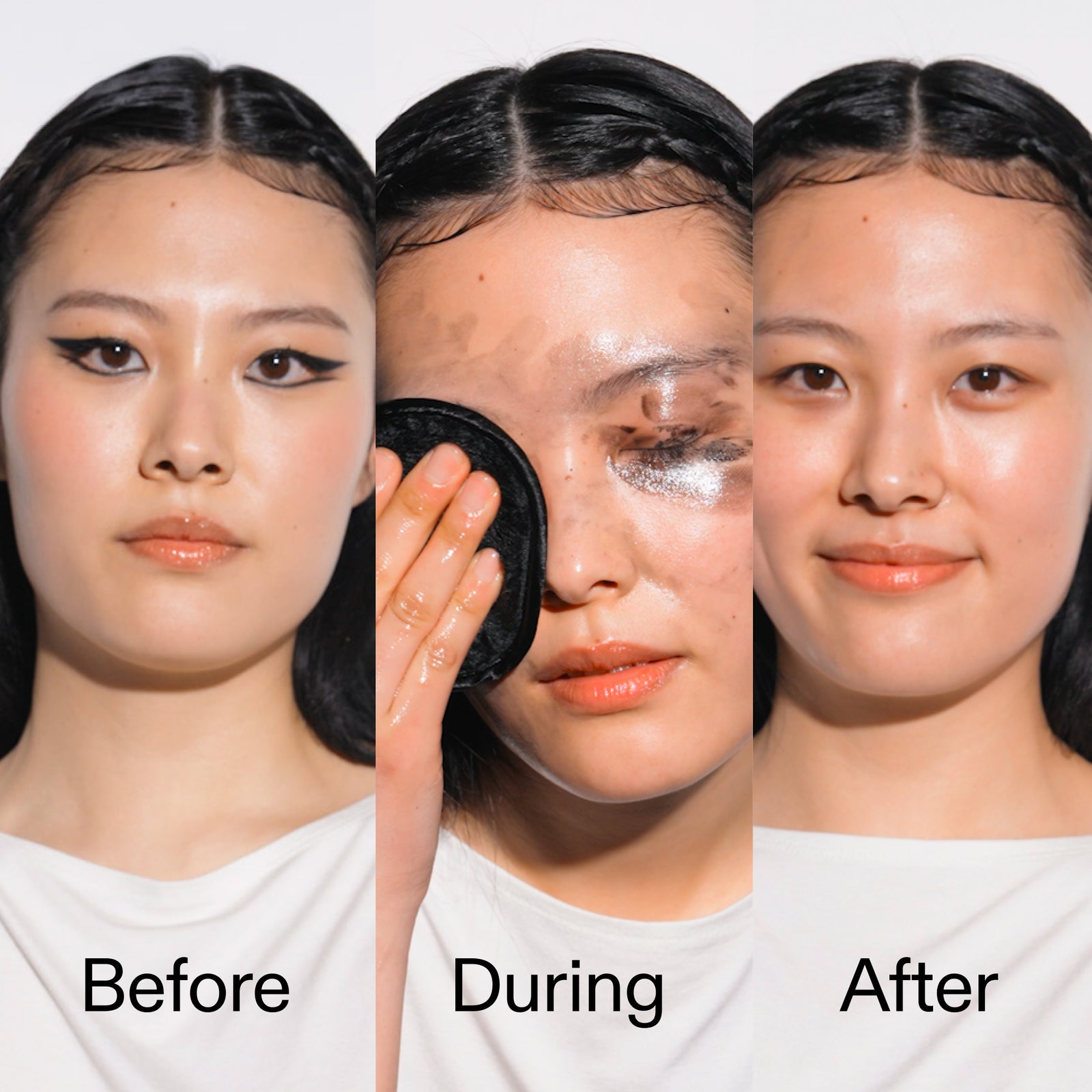 Before, during, and after using a beauty product on a person's face.