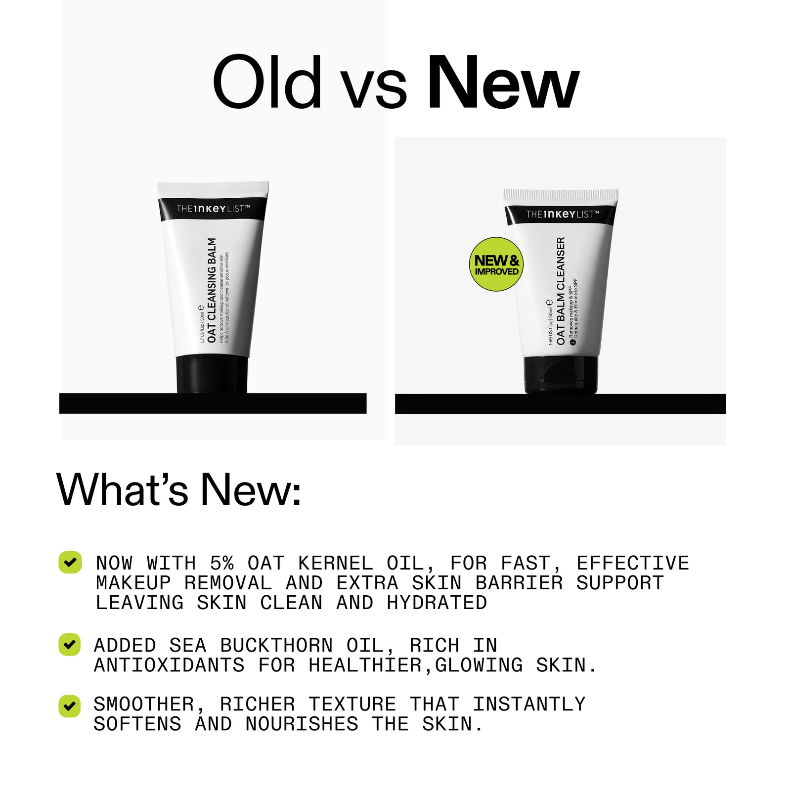 Two tubes of The Inkey List Oat Balm Cleanser with text highlighting new features.