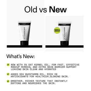 Two tubes of The Inkey List Oat Balm Cleanser with text highlighting new features.
