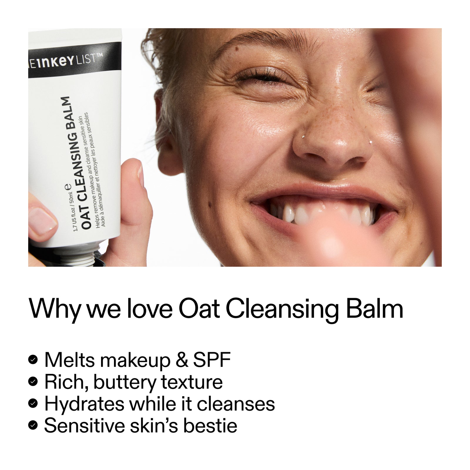 Einkey List Oat Cleansing Balm with a close-up of a person's face and text about the product's benefits.
