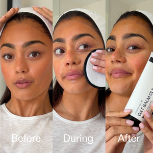Before, during, and after using a skincare product with a woman holding the product.