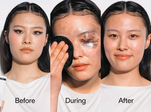 Before, during, and after makeup application on a person.