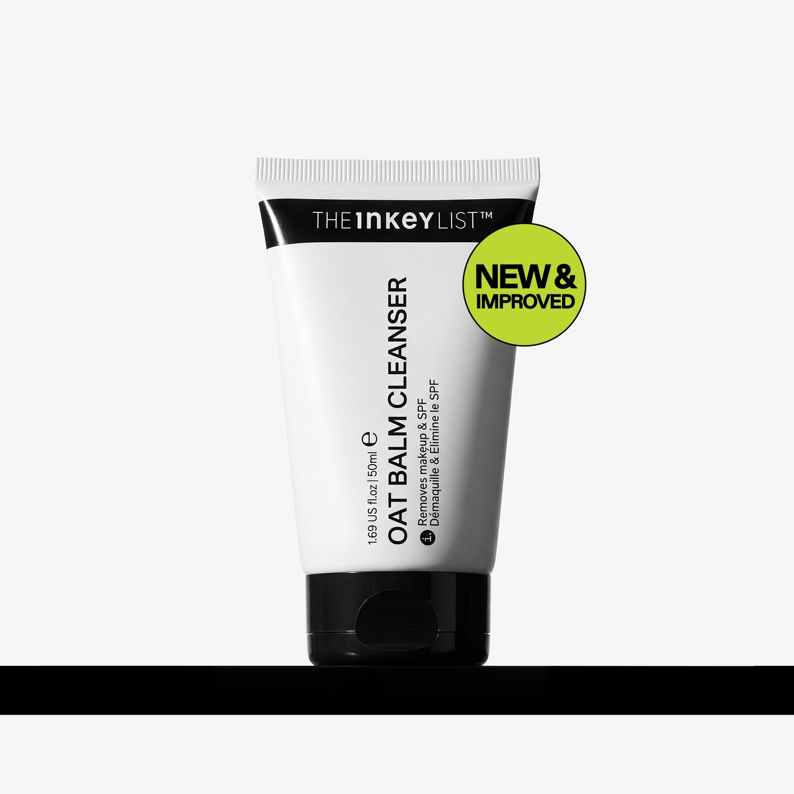 Tube of The Inkey List Oat Balm Cleanser with 'New & Improved' label on a white background