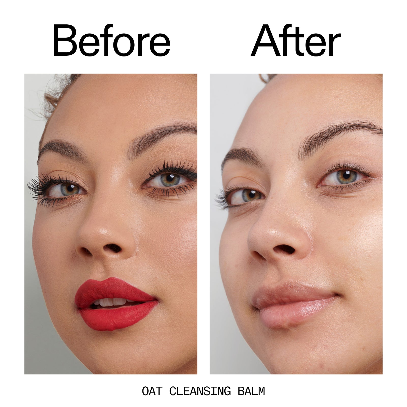 Before and after comparison of a woman's face using an oat cleansing balm.