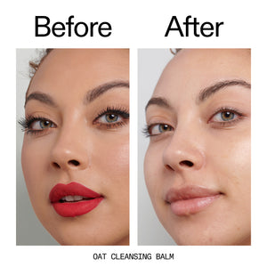 Before and after comparison of a woman's face using an oat cleansing balm.