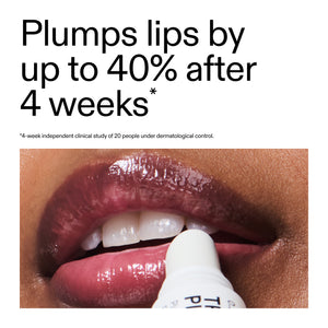 Tripeptide Plumping Pink Lip Balm with text claiming to plump lips by up to 40% after 4 weeks.