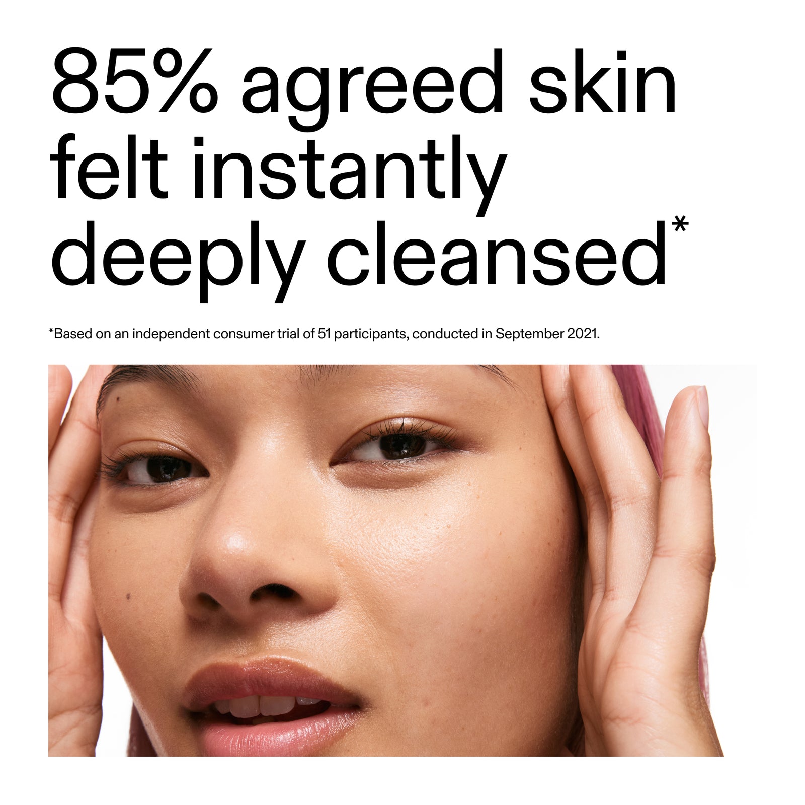 Advertisement with a close-up of a person's face and text about skin cleansing using Hyaluronic Acid Cleanser