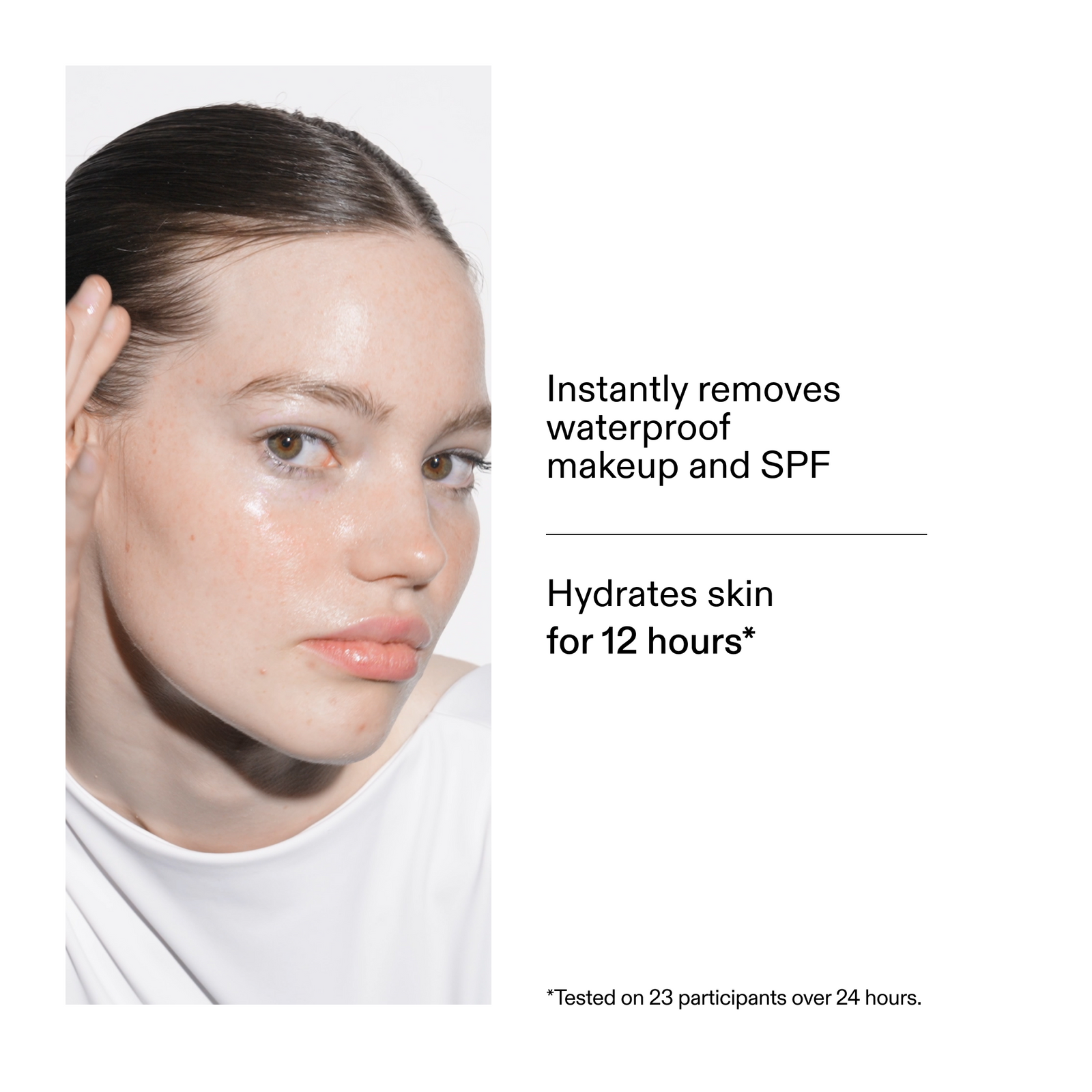 Person with a skincare product on their face, text about product benefits.