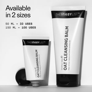 Different bottle sizes of Oat Cleansing Balm and uses (50ml = 33 uses, 150ml = 100 uses)