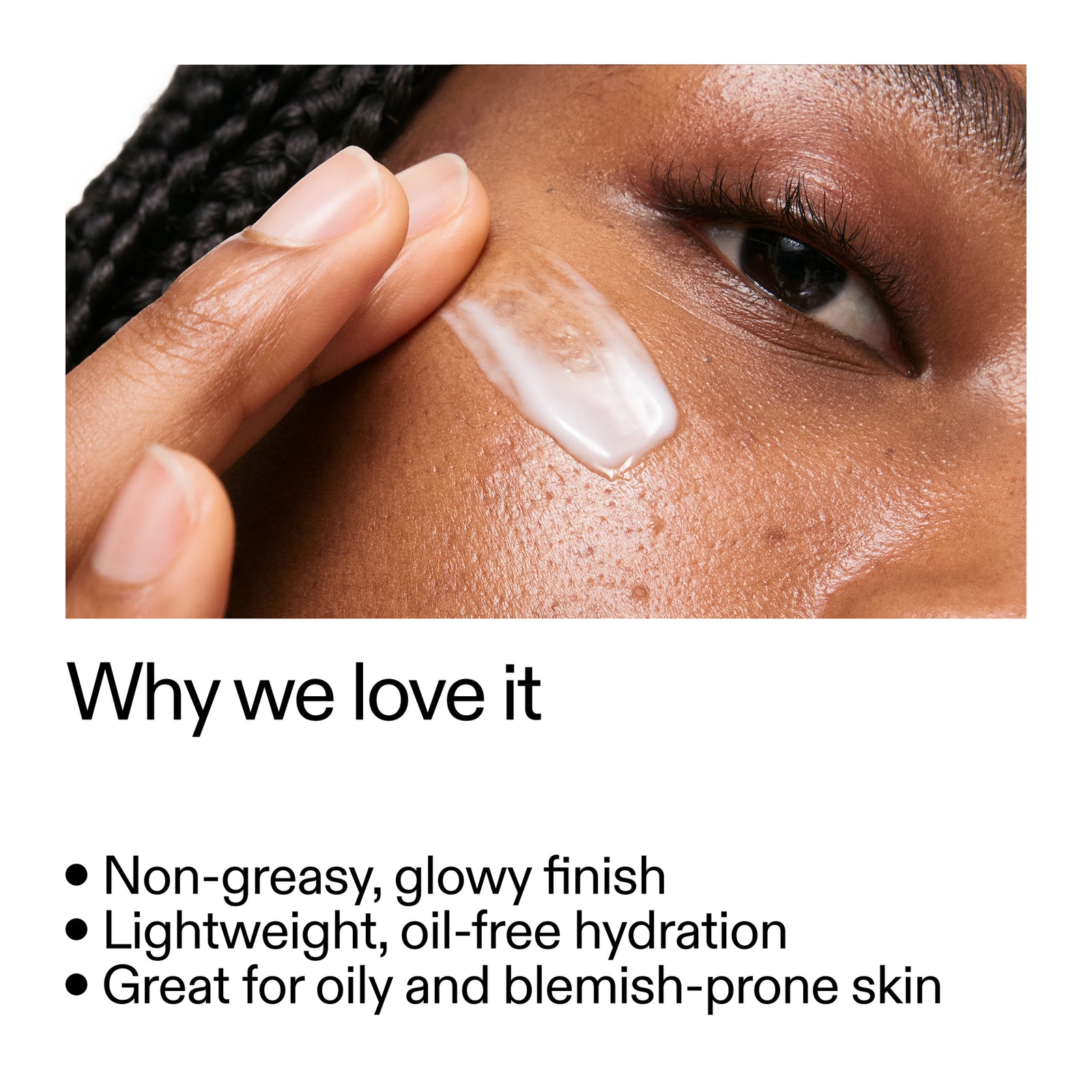 Close-up of skin with a Omega Water Cream  application and text about product benefits.