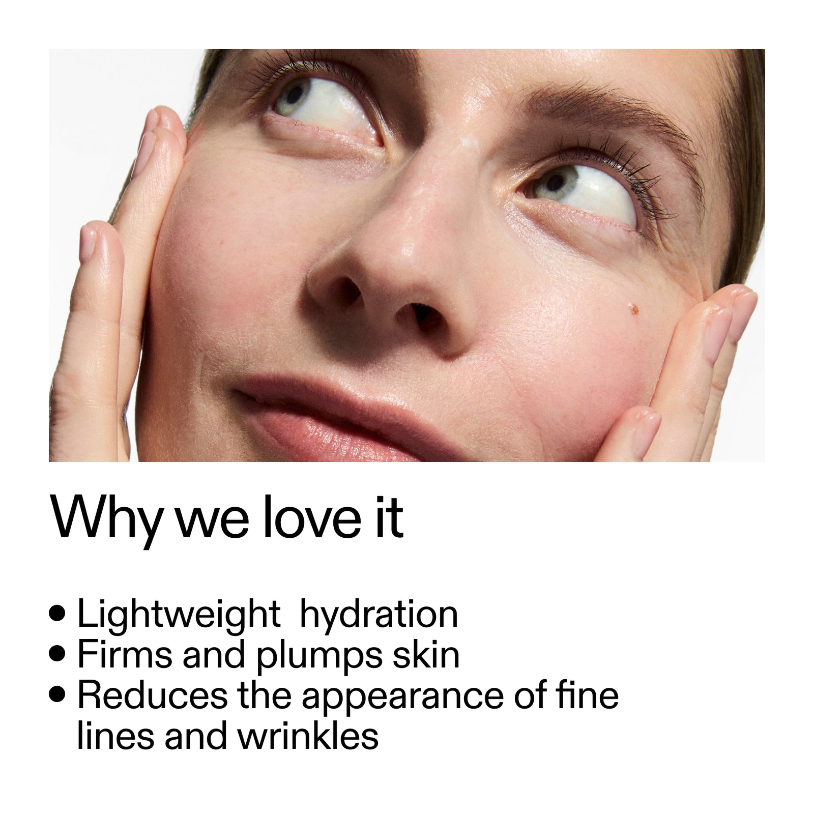 Close-up of a person's face with text highlighting skincare benefits of Peptide Moisturizer