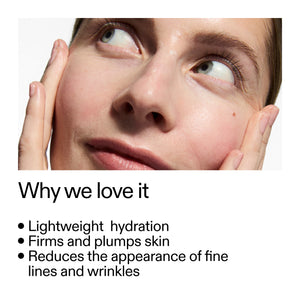 Close-up of a person's face with text highlighting skincare benefits of Peptide Moisturizer