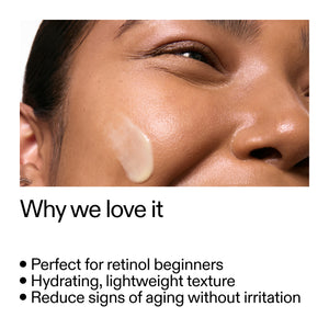 close up on woman's face with key benefits of Retinol Serum