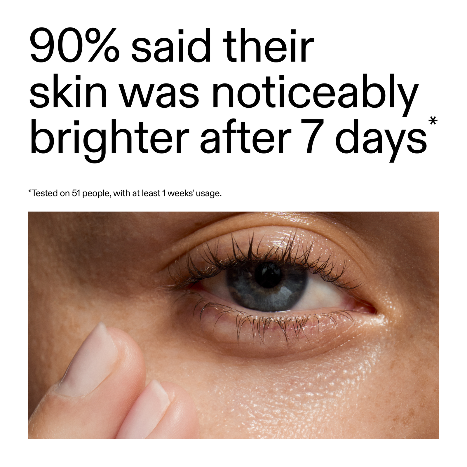 close up of someones eye with key claim about skin brightening in 7 days