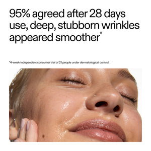 Advertisement for a skincare product showing a close-up of a person's face with text about wrinkle reduction from a recent clinical study
