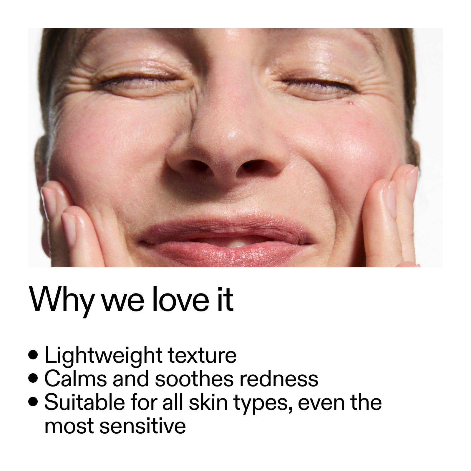 Close-up of a person's face with text highlighting Azelaic Acid Serum  benefits on a white background