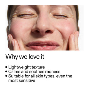 Close-up of a person's face with text highlighting Azelaic Acid Serum  benefits on a white background