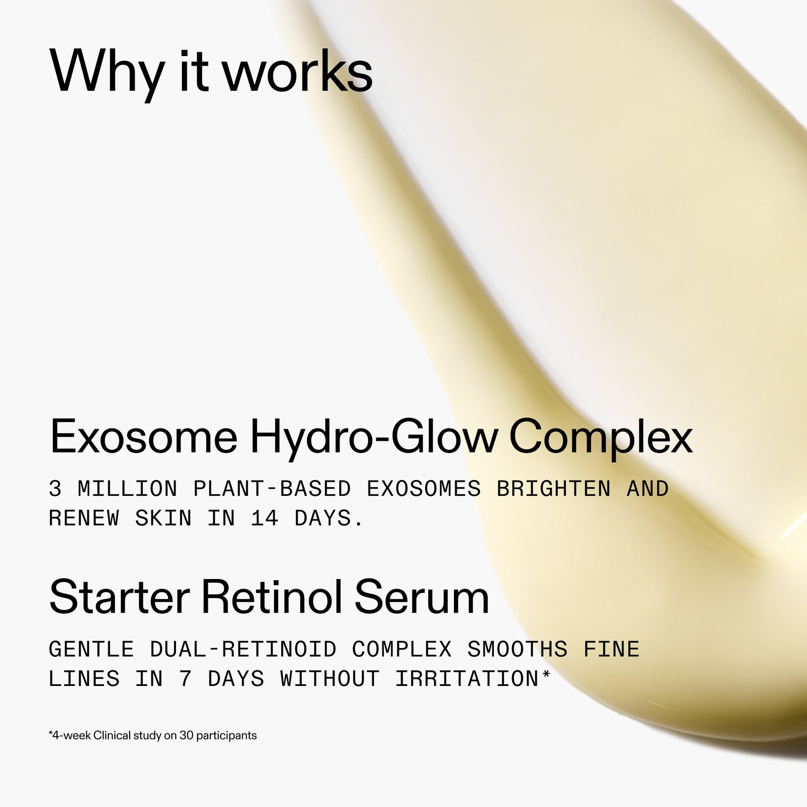 Advertisement for Exosome Hydro-Glow Complex and Starter Retinol Serum with text on a white background.