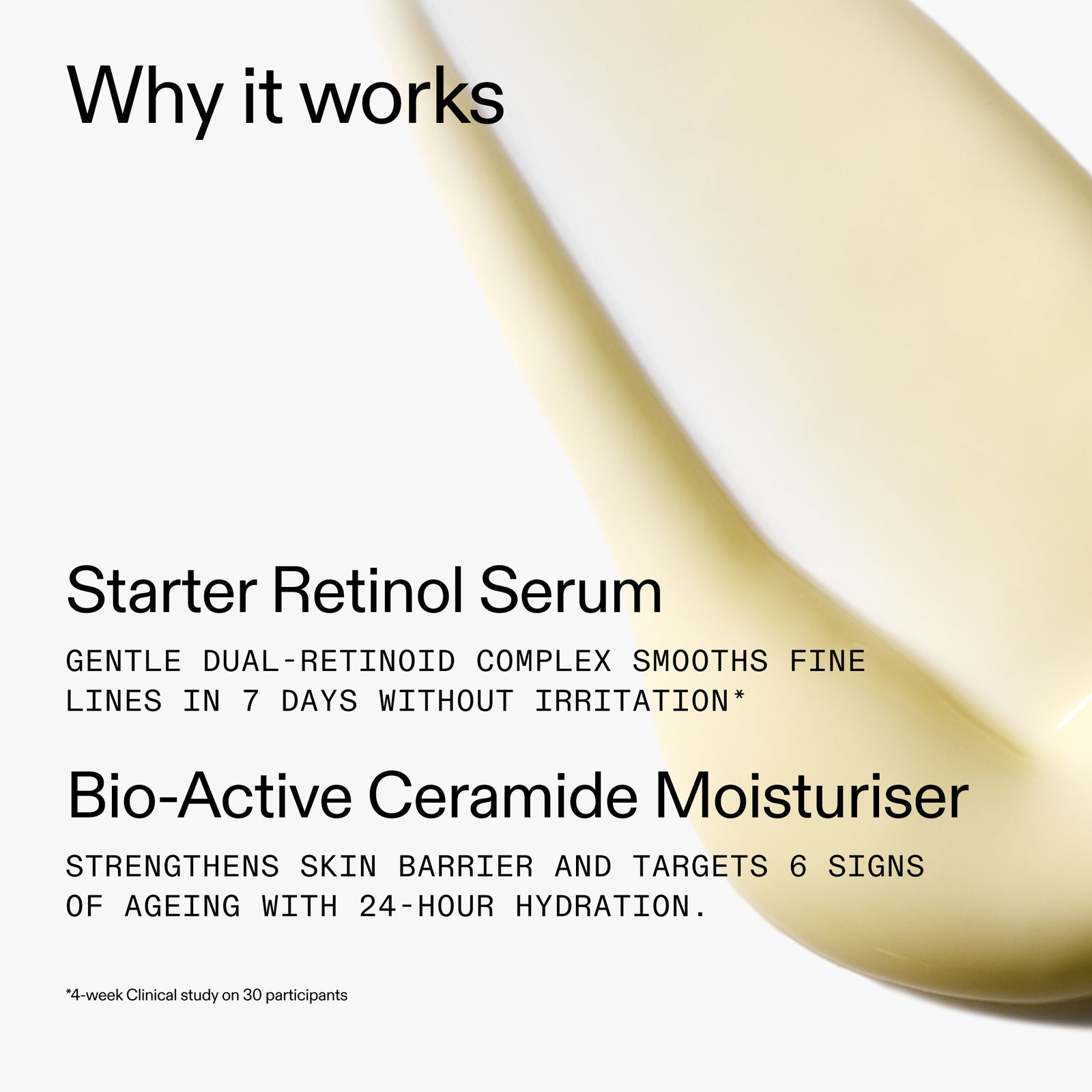 Product description card for Starter Retinol Serum and Bio-Active Ceramide Moisturiser with text on a white background.