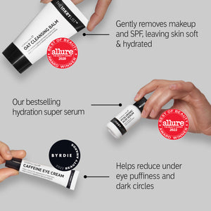 The INKEY Intro Routine awards handshot spotlight the following products and their awards 'Oat Cleansing Balm, Allure Award 2020, Hyaluronic Acid Serum Allure Award 2022, Caffeine Eye Cream Byrdie Award 2022'