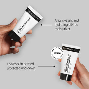 The INKEY Intro Routine awards handshot spotlight the following products and their awards: 'Polyglutamic Acid Dewy Sunscreen SPF 30 with 'one to watch' Allure award badge'