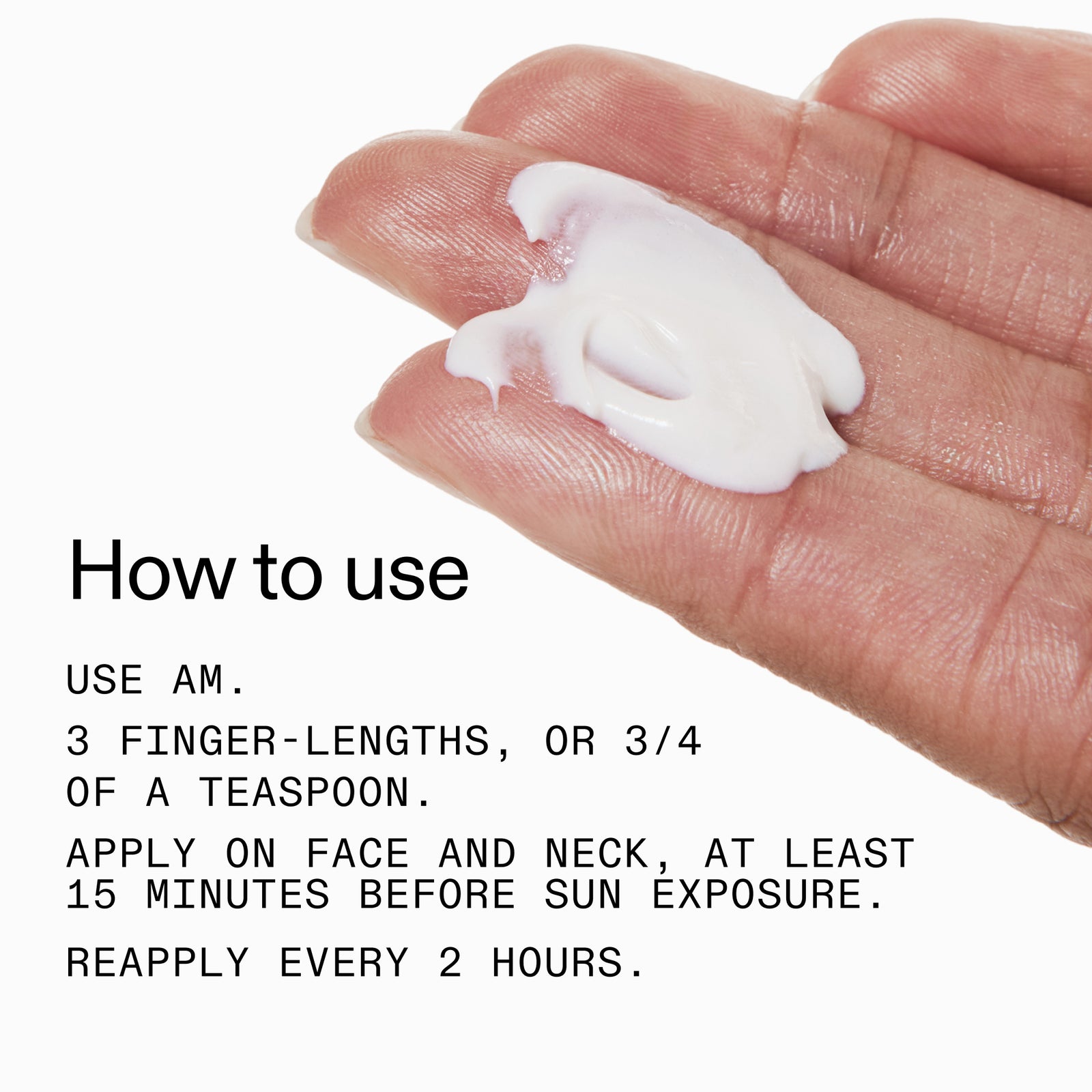 Hand holding a small amount of cream with application instructions on a white background