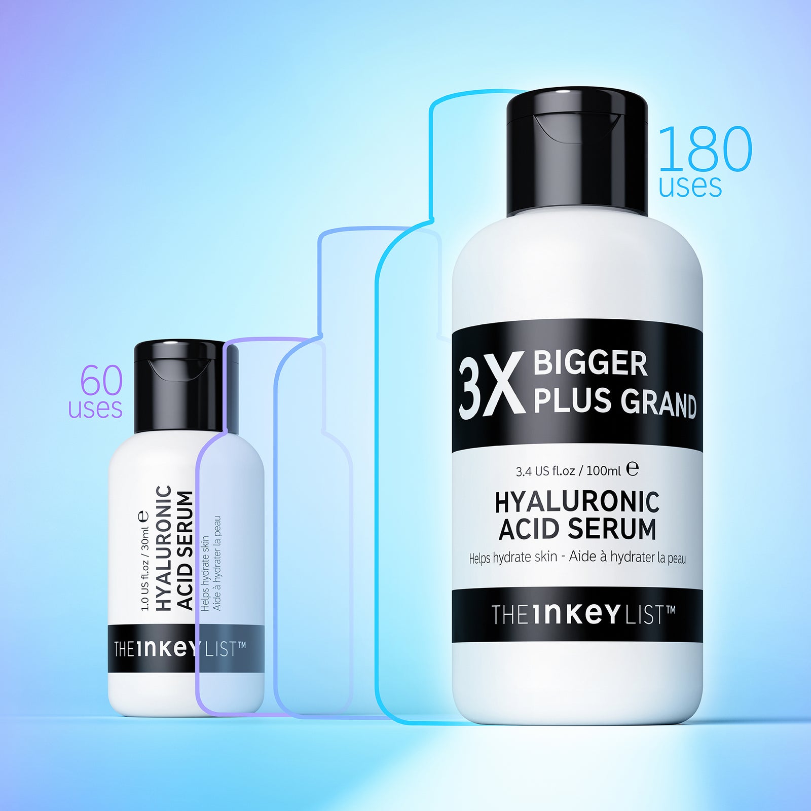 Supersized Hyaluronic Acid Serum light shot showing size comparison of 30ml and 100ml