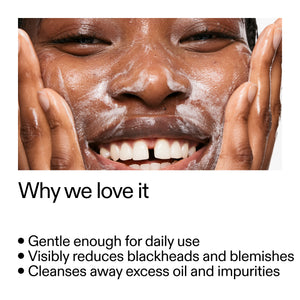 Person applying Salicylic Acid Cleanser with text highlighting product benefits