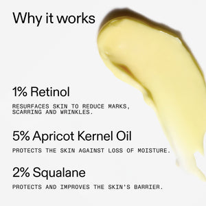 Product description with ingredients in 1% Retinol Serum and their benefits on a white background