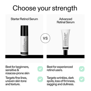 Comparison chart of Starter Retinol Serum and Advanced Retinol Serum with Inkey Labs branding.