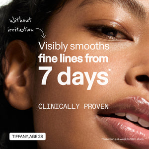 Close-up of a woman's face with text about skin smoothing and clinical proven results.