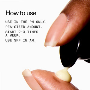 Hand applying cream to another hand with text on how to use it.