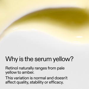 Close-up of a yellow serum with text explaining its color and properties.