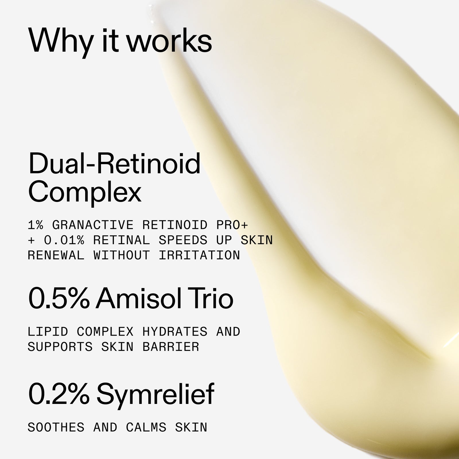Product label with skincare ingredients and their benefits on a white background