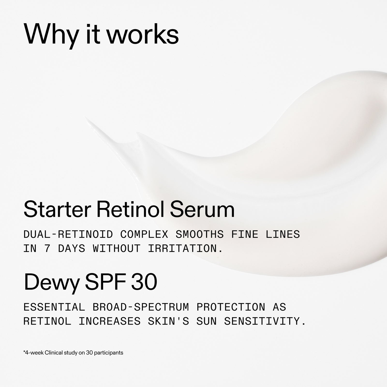 Product packaging with text about Starter Retinol Serum and Dewy SPF 30 on a white background.