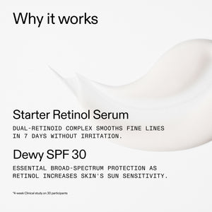 Product packaging with text about Starter Retinol Serum and Dewy SPF 30 on a white background.