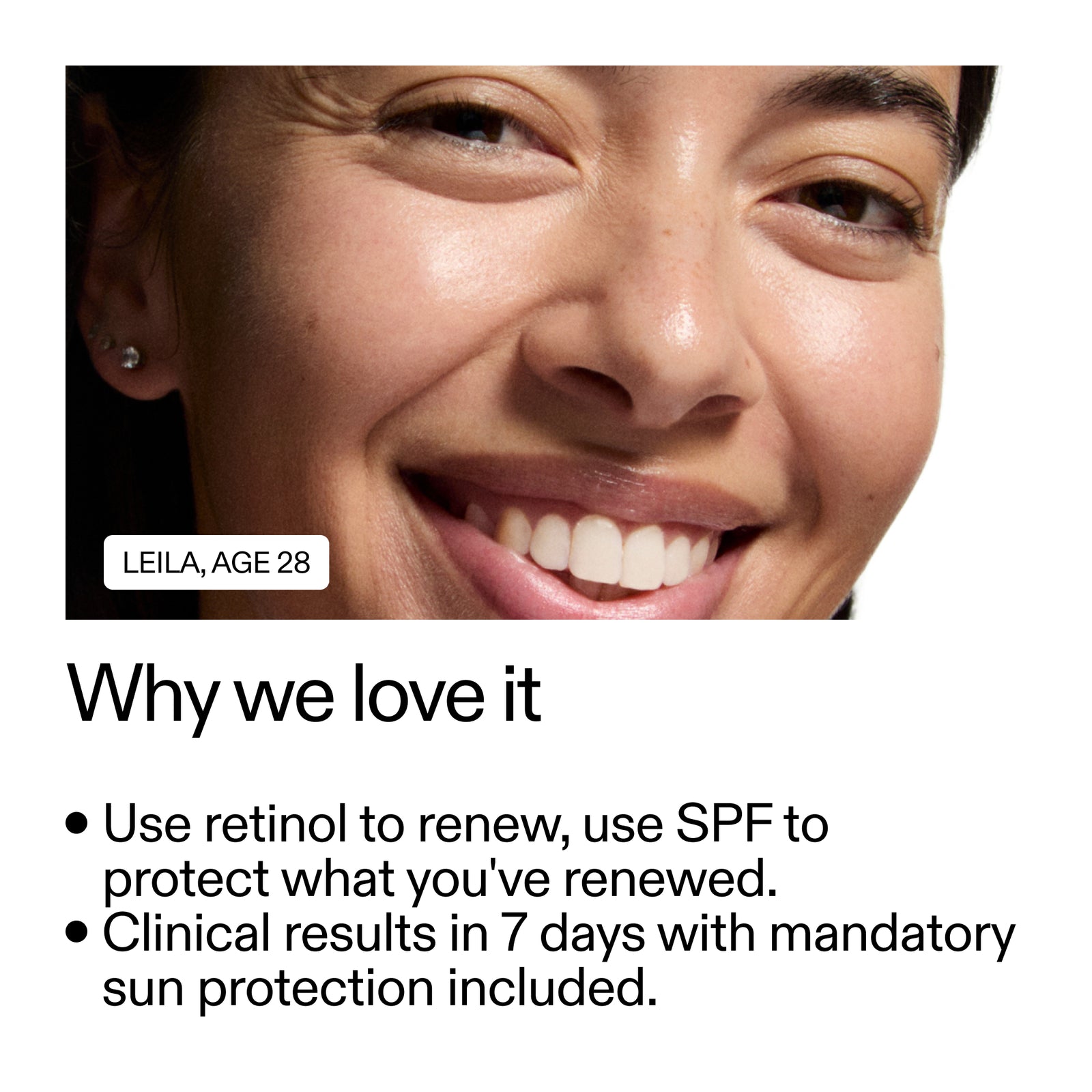 Close-up of a woman's face with text about skincare routine and product benefits.
