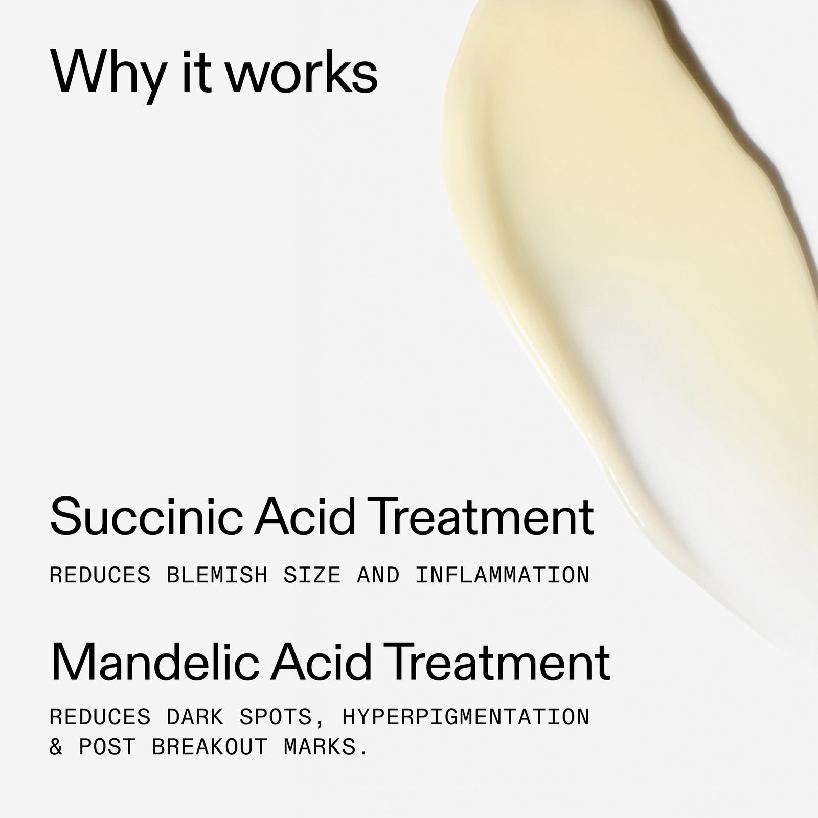 Text detailing the effects of succinic and mandelic acid treatments on skin, with a blurred skincare product in the corner.