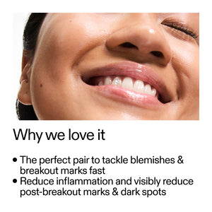 Close-up of a smiling person's face with text about skincare benefits.