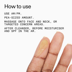 Hand with a pea-sized amount of cream on a white background, showing how to use the product.