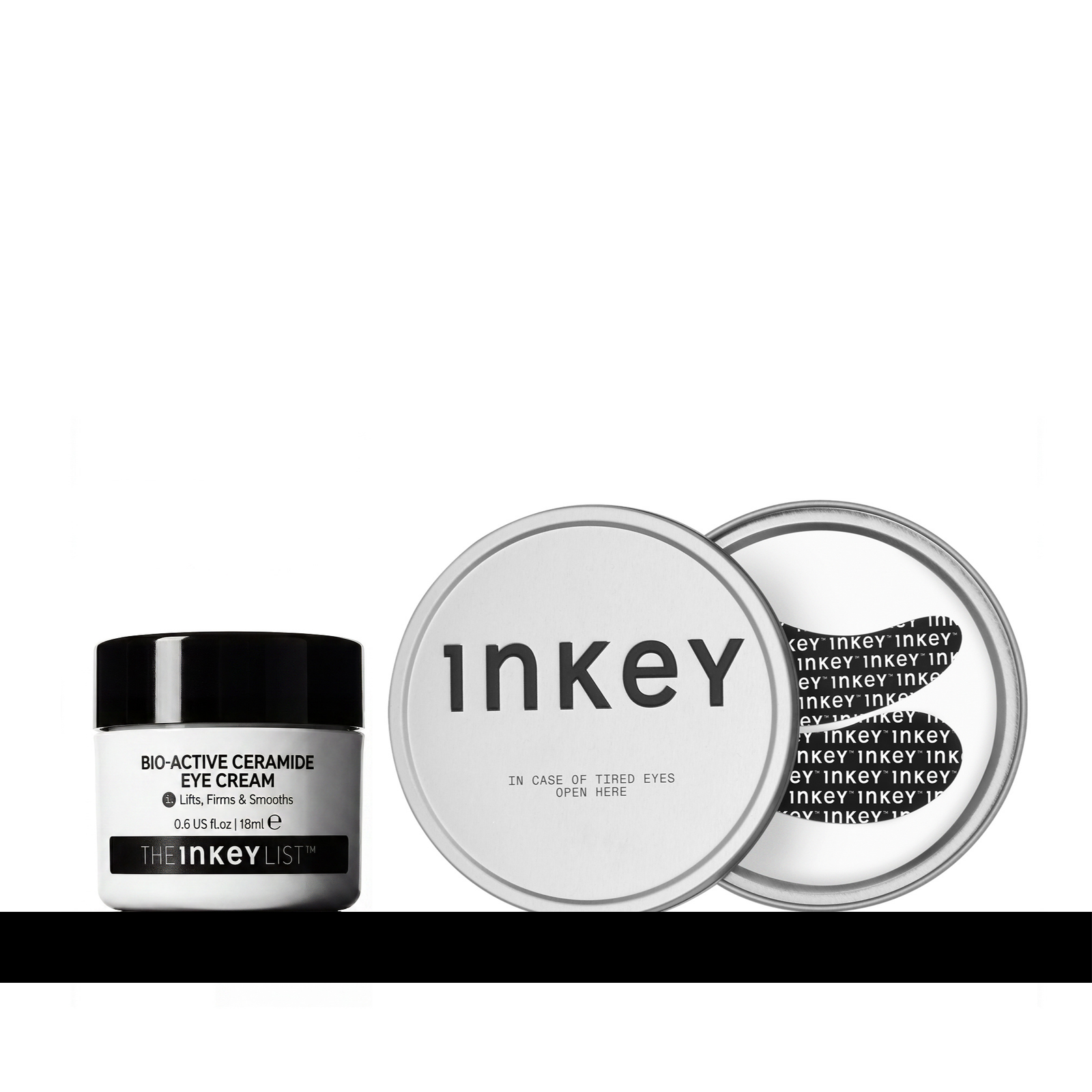 Inkey Bio-Active Ceramic Eye Cream in a white jar with a black lid, shown next to its silver circular lid on a white background with a black horizontal bar at the bottom.