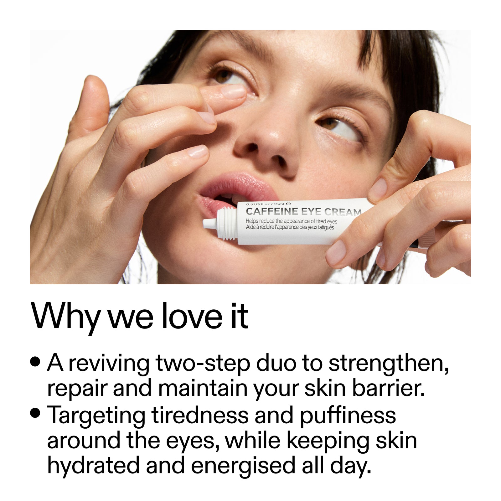 Person applying caffeine eye cream with text highlighting product benefits